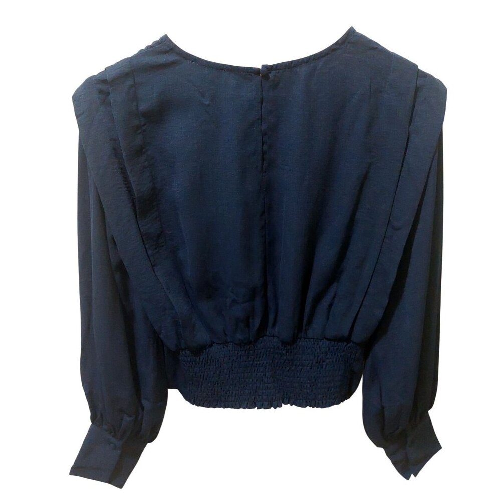 NWT Umgee Navy Solid Defined Shoulder Crepe Blouse~Long Sleeve - Picture 4 of 10